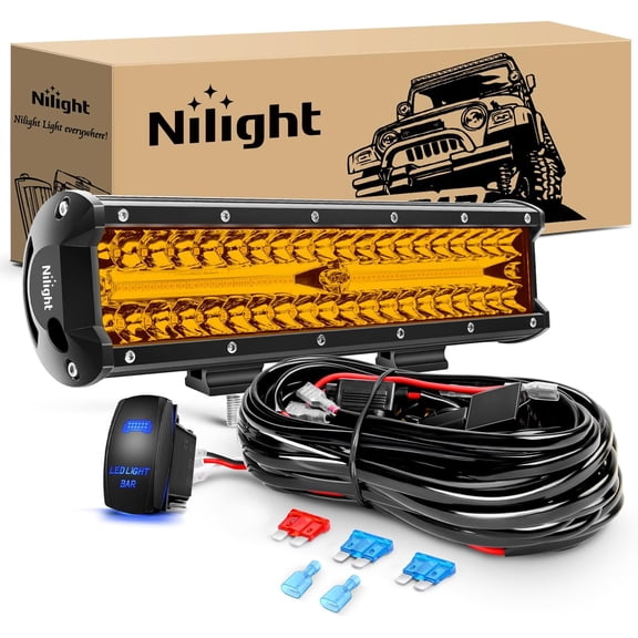 Nilight Led Light Bar 12 Inch Amber 300W Spot Flood Combo Waterproof Triple Rows Off Road Fog Light with 5Pin Rocker Switch Wiring Harness Kit-1 Lead