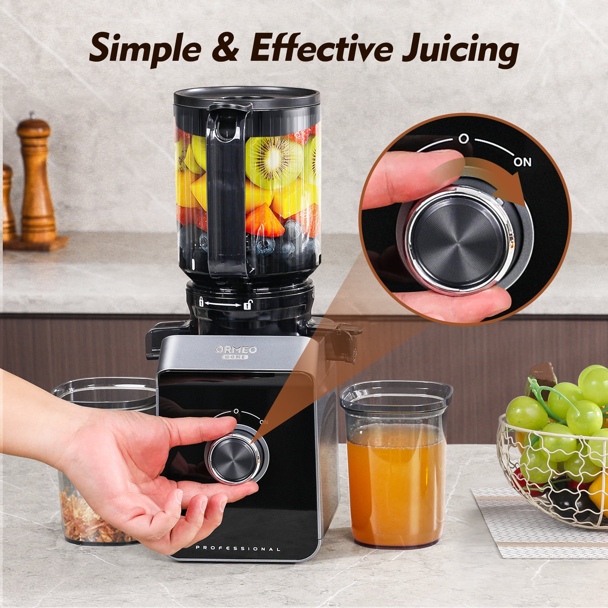 ORMEO HOME Cold Press Juicer Masticating Juicer Machines with 5.5" Large Feed Chute Fit Whole Vegetables & Fruits, with Pulp Seperation 99.6% Juice Purity, Quiet Motor Easy to Clean BPA Free