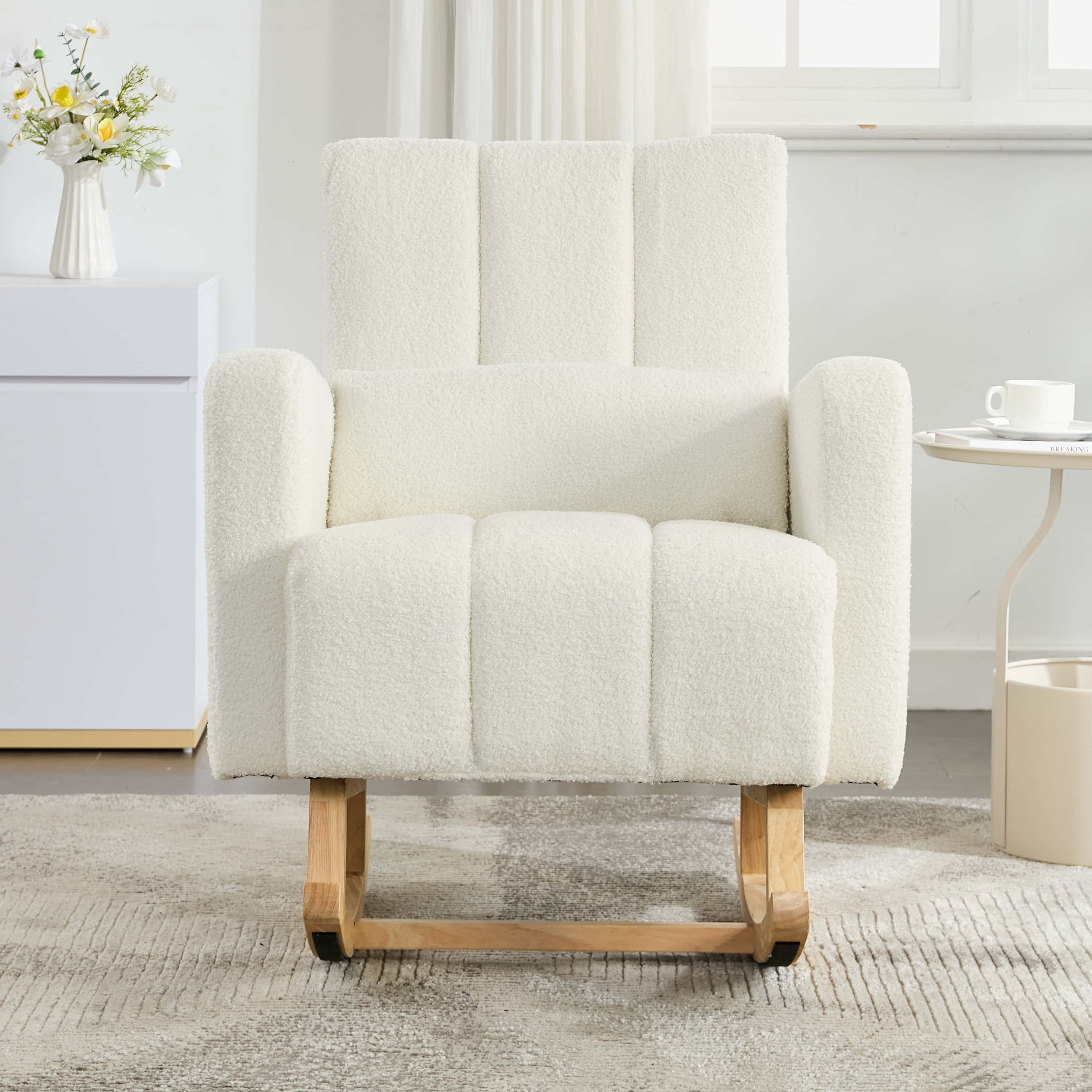 Miniyam Accent Rocking Chair with Pillow, Teddy Velvet,Cream White