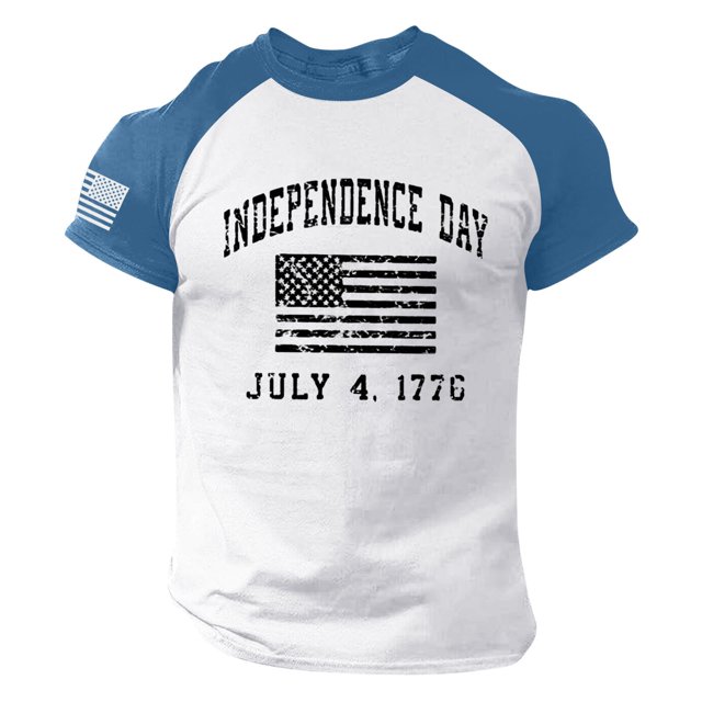TSADFHJI Men's Independence Day Small Print Color Contrast Spring Summer Leisure Sports Comfortable Breathable Sweat Absorbing Cotton Round Neck Pullovers Short Sleeved T Shirt L Blue