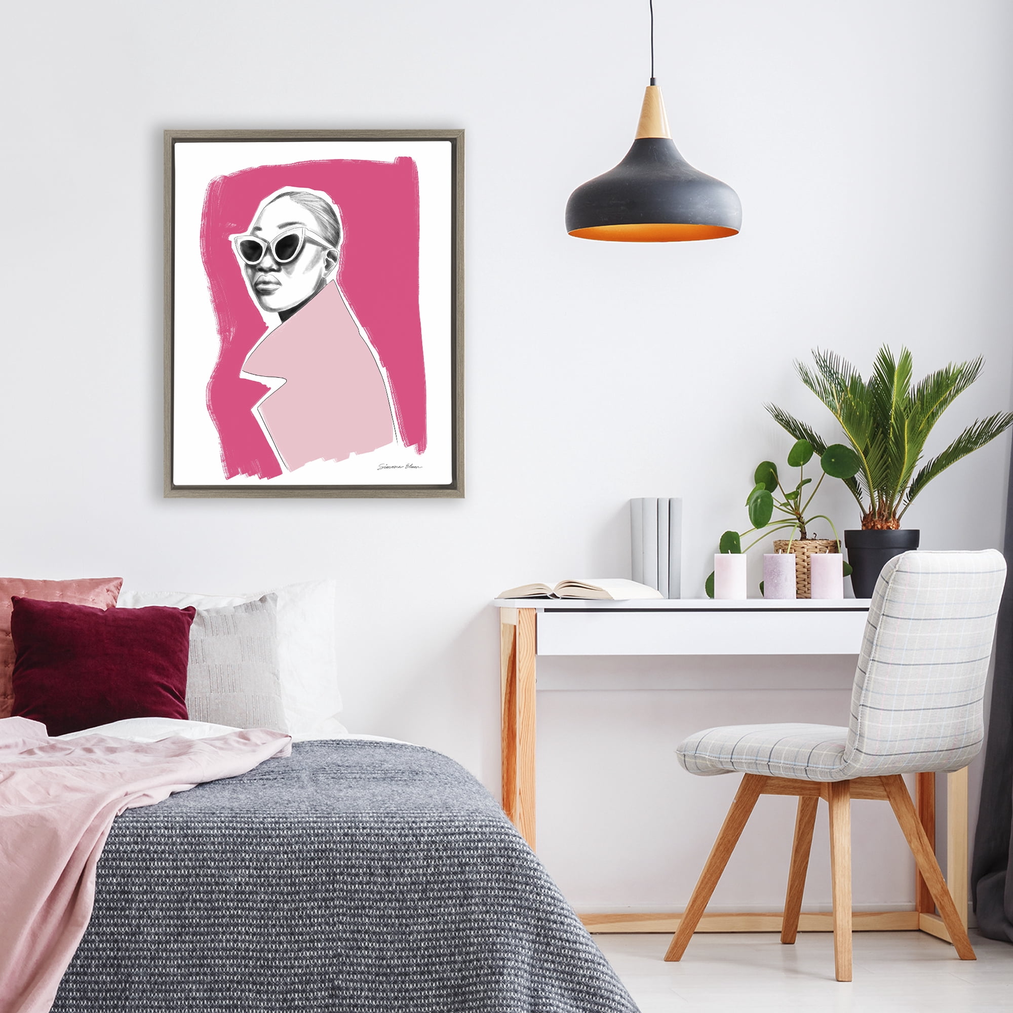Stupell Industries Pink Attitude Fashion Portrait Brown Framed Floater Canvas Wall Art, design by Simone Elum
