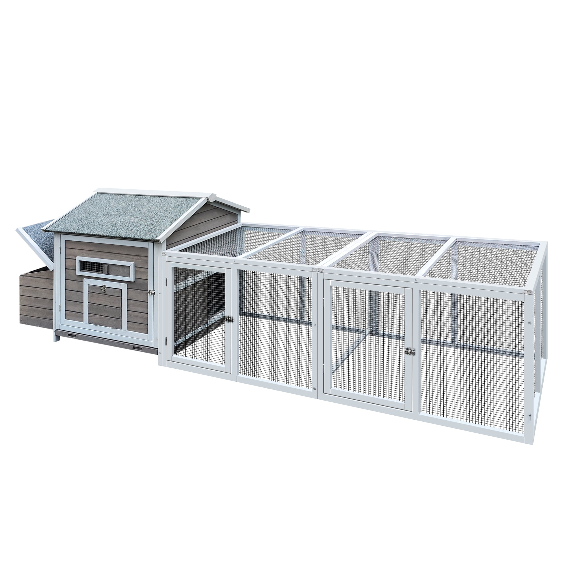Chicken Coop Outdoor Hen House, Poultry Cage with Nesting Box and Free-Range Doors, Leakproof Pull-Out Tray and Ventilated Window, Solid Wood Large Chicken Run for Backyard, 118 Inch Gray