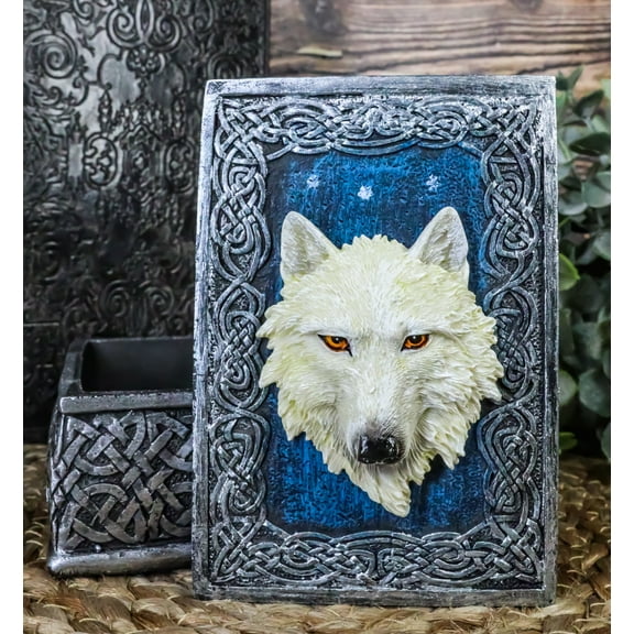 Ebros Blue Starry Night Alpha White Wolf Rectangular Decorative Box Trinket