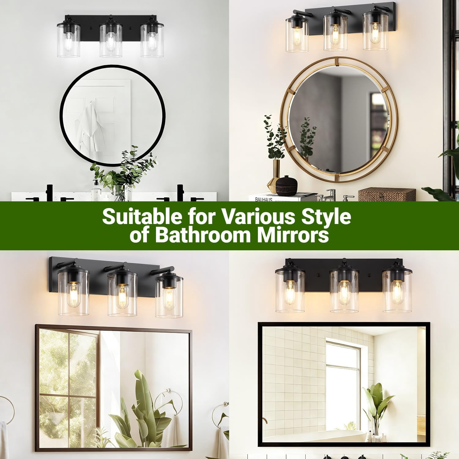 3-Lights Bathroom Vanity Light Fixtures, Modern Black Vanity Lights Over Mirror with Clear Glass Shade for Bathroom, Wall Mounted Lamp for Bedroom Hallway Living Room