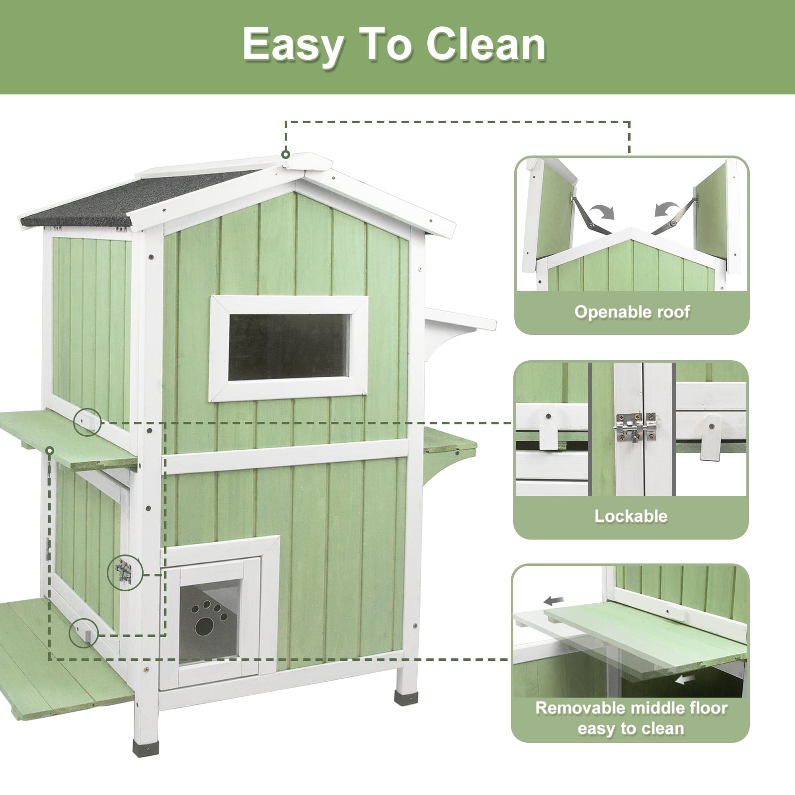 PETSCOSSET Cat House Outdoor Two-Story Wooden Feral Cat Shelter with Asphalt Roof, Green