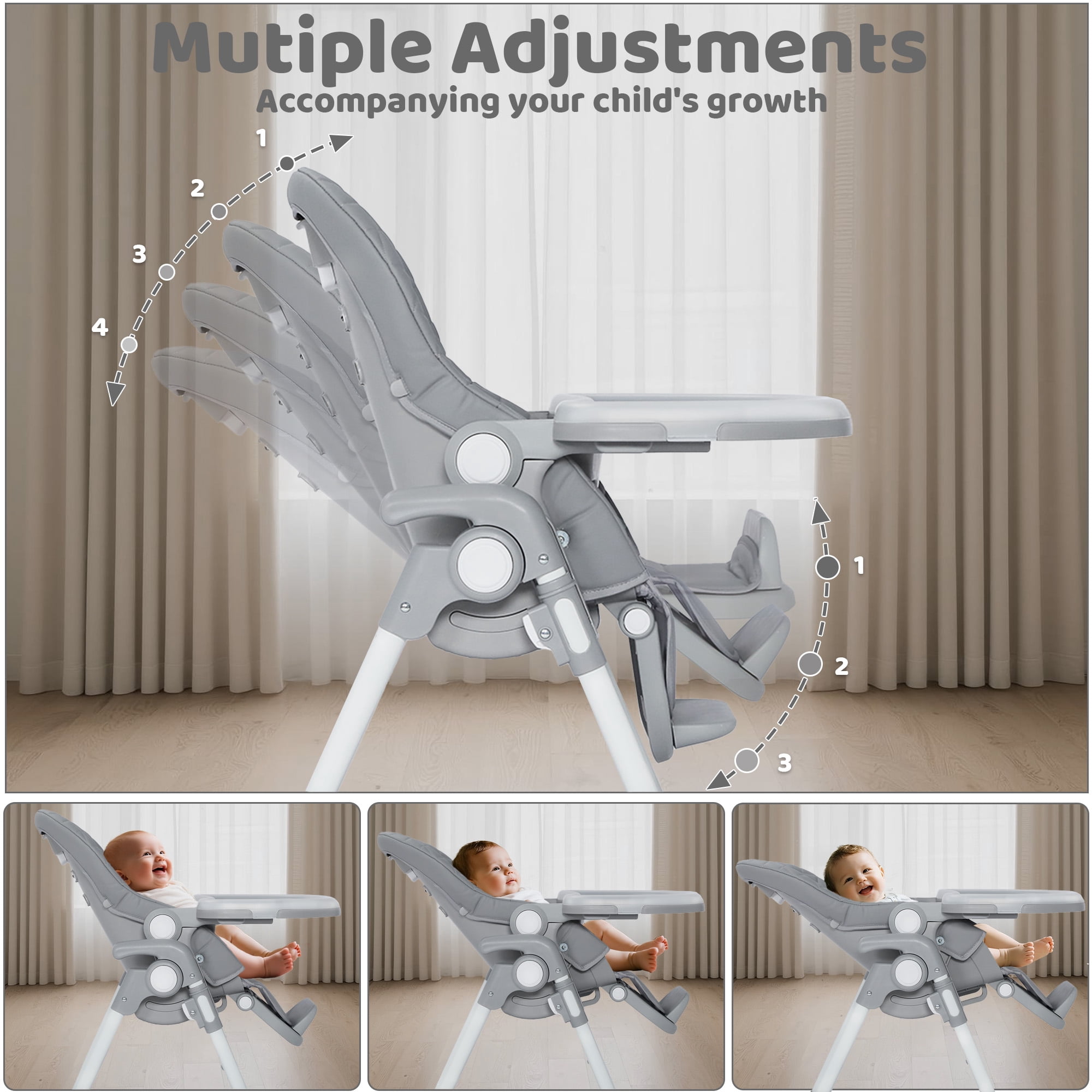 AILEEKISS Foldable Baby High Chair with Wheels, Adjustable Recline Toddler Eating Chair, Grey