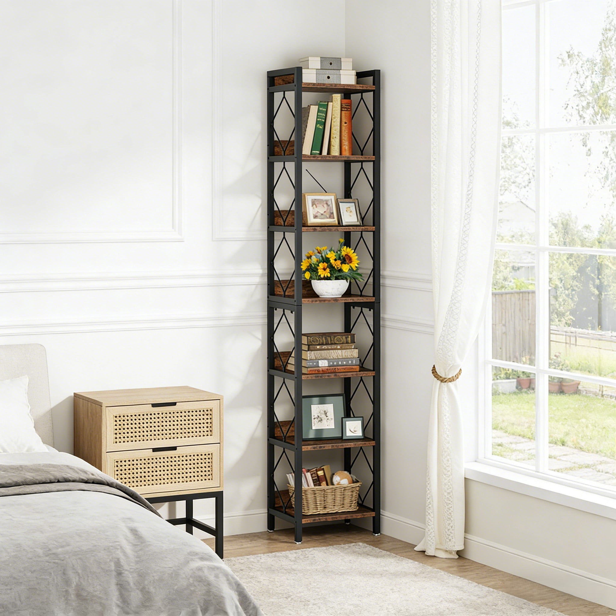 Fnova 78.7" 7-Tier Tall Storage Shelf, Narrow Metal Wood Bookshelf for Small Spaces, Office, Library, Living Room