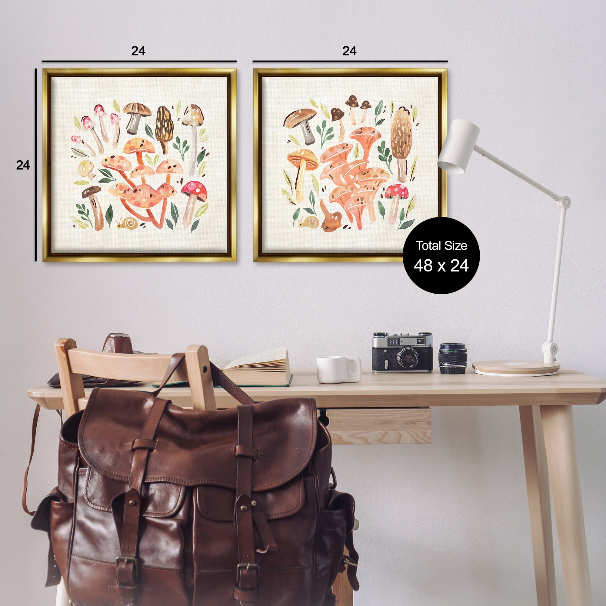 Stupell Industries Mushroom & Leaves Pattern Botanical & Floral Painting Gold Floater Framed Canvas Art Print Wall Art, 25 x 25, Set of 2