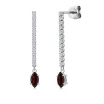 Gem Stone King 14K White Gold Red Garnet and White Lab Grown Diamond Long Liner Dangle Earrings for Women | 0.88 Cttw | Gemstone January Birthstone | Marquise 6X3MM | White Gold Chain Drop Earrings