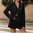 thumbnail image 2 of Women's 2 Piece Shorts Sets Pleated Button Down Long Sleeve Solid Color Shirt Outfits Summer Hawaiian Beach Vacation Loose Suits, 2 of 5