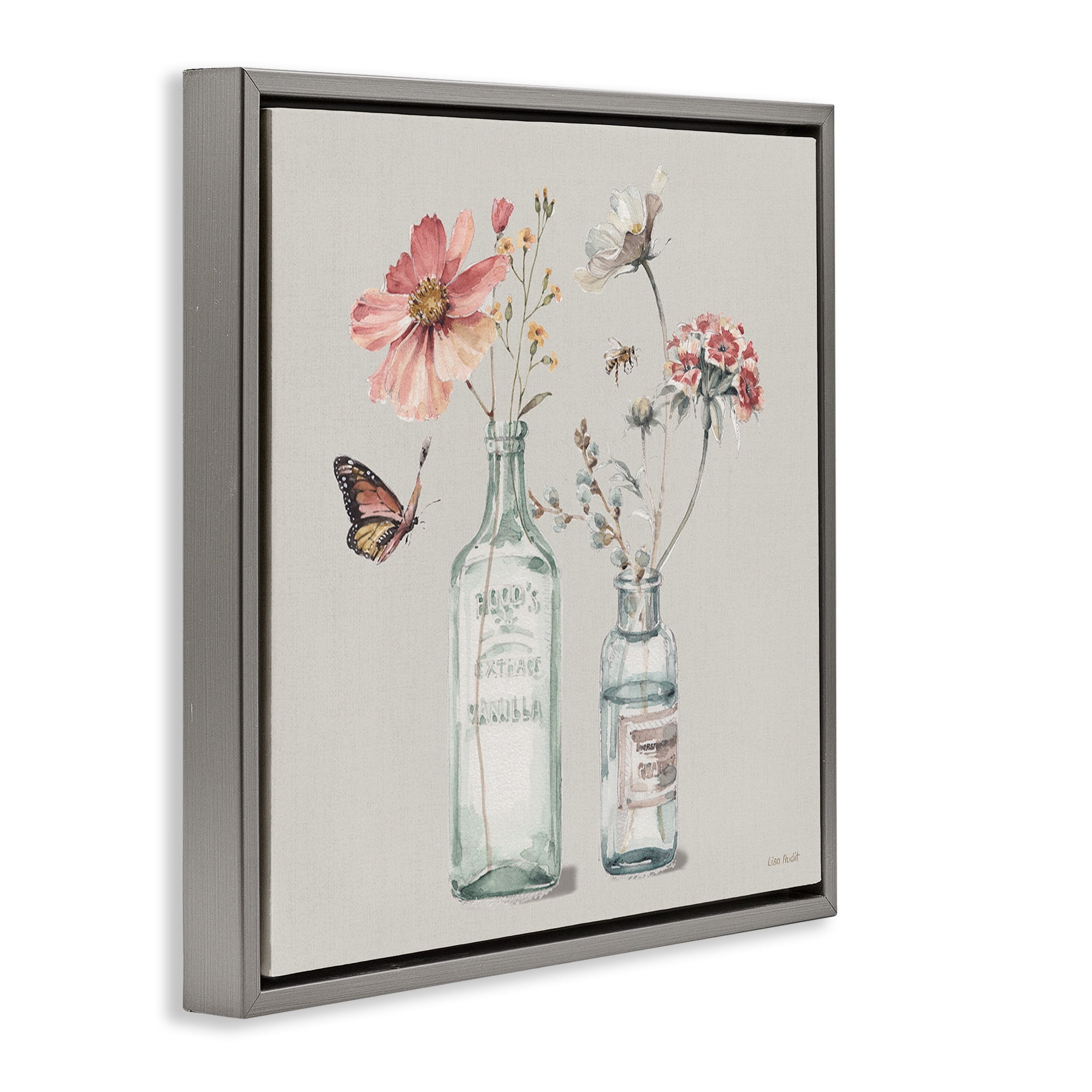 Stupell Industries Flower Jar Butterfly Painting Botanical & Floral Painting Gray Floater Framed Canvas Art Print Wall Art, 25 x 25