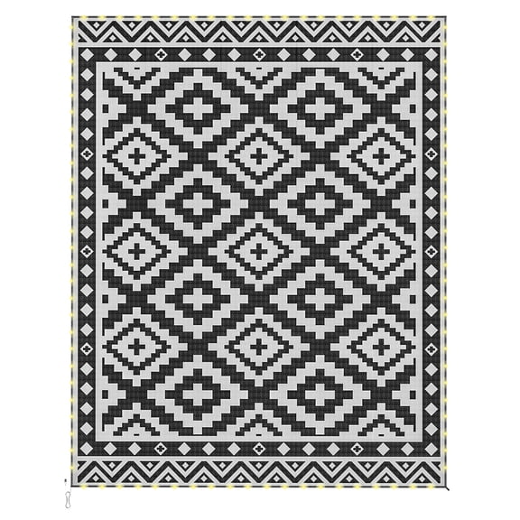 Outdoor Rug Carpet Reversible Plastic Straw Rug with LED Lights Black and White 10' x 8' for Patio