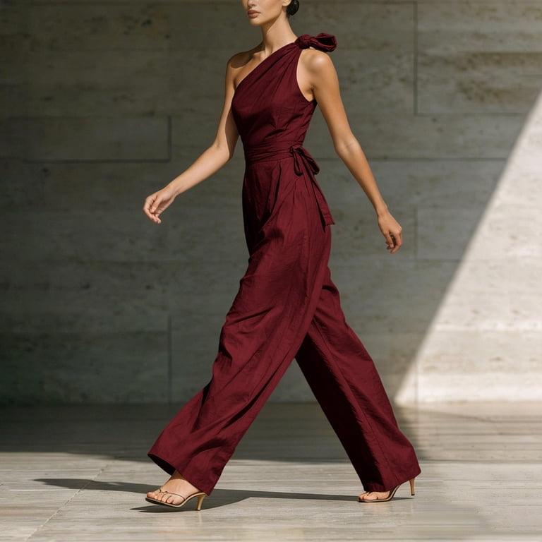 TEAJOPSUU Jumpsuit for Womens Trendy One Shoulder Tie Waist Wide