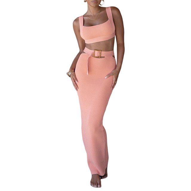 TRKIYQC Conjuntos de 2 piezas para mujer, camisetas sin mangas con ombligo descubierto acanalado de punto de color sólido + faldas largas envueltas en la cadera con cinturón TRKIYQC moda