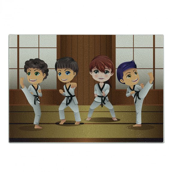 Karate Cutting Board, Children Practicing Martial Arts Self Defence in Dojo Cartoon Illustration, Decorative Tempered Glass Cutting and Serving Board, in 3 Sizes, by Ambesonne