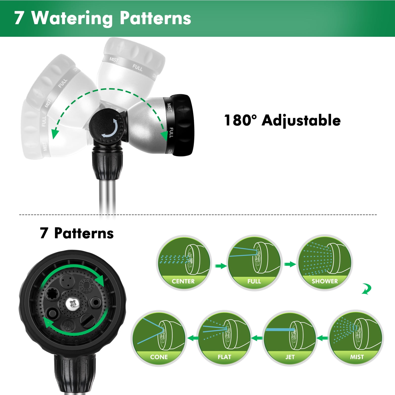 Restmo Metal Watering Wand, Heavy Duty Garden Hose Wand with 180° Swivel Head, 16'' Nozzle, 7 Spray Patterns, Black