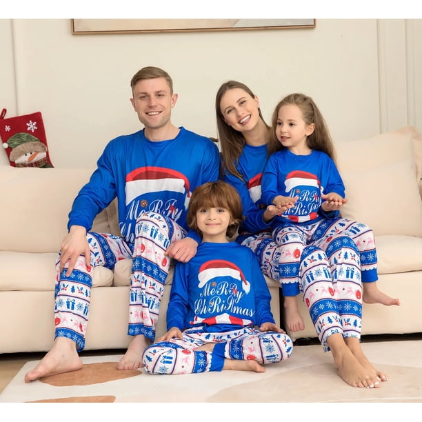 Christmas Pajamas Xmas Pjs Long Sleeve Blue Letter Printed Couples Family Matching Set Mother Kids Daughter Mommy Daddy 2023