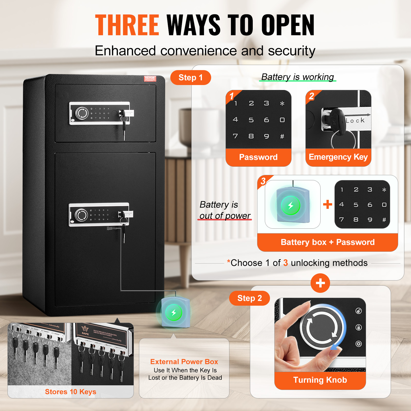 VEVOR Double Doors 5.5 cu.ft Safe Box with Key Lock & Password, Safe Lock Box with Fireproof Bag, Key Rack, LED Light,2 Height Adjustable and Removable Divider and 1 Cabinet for Money, Jewelry Black