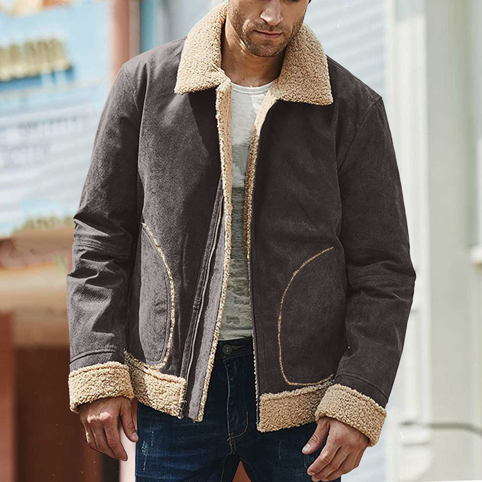 Men Plus Size Winter Coat Lapel Collar Long Sleeve Padded Leather Jacket Vintage Thicken Coat Sheepskin Jacket Mens Big And Tall Winter Coats Walmart