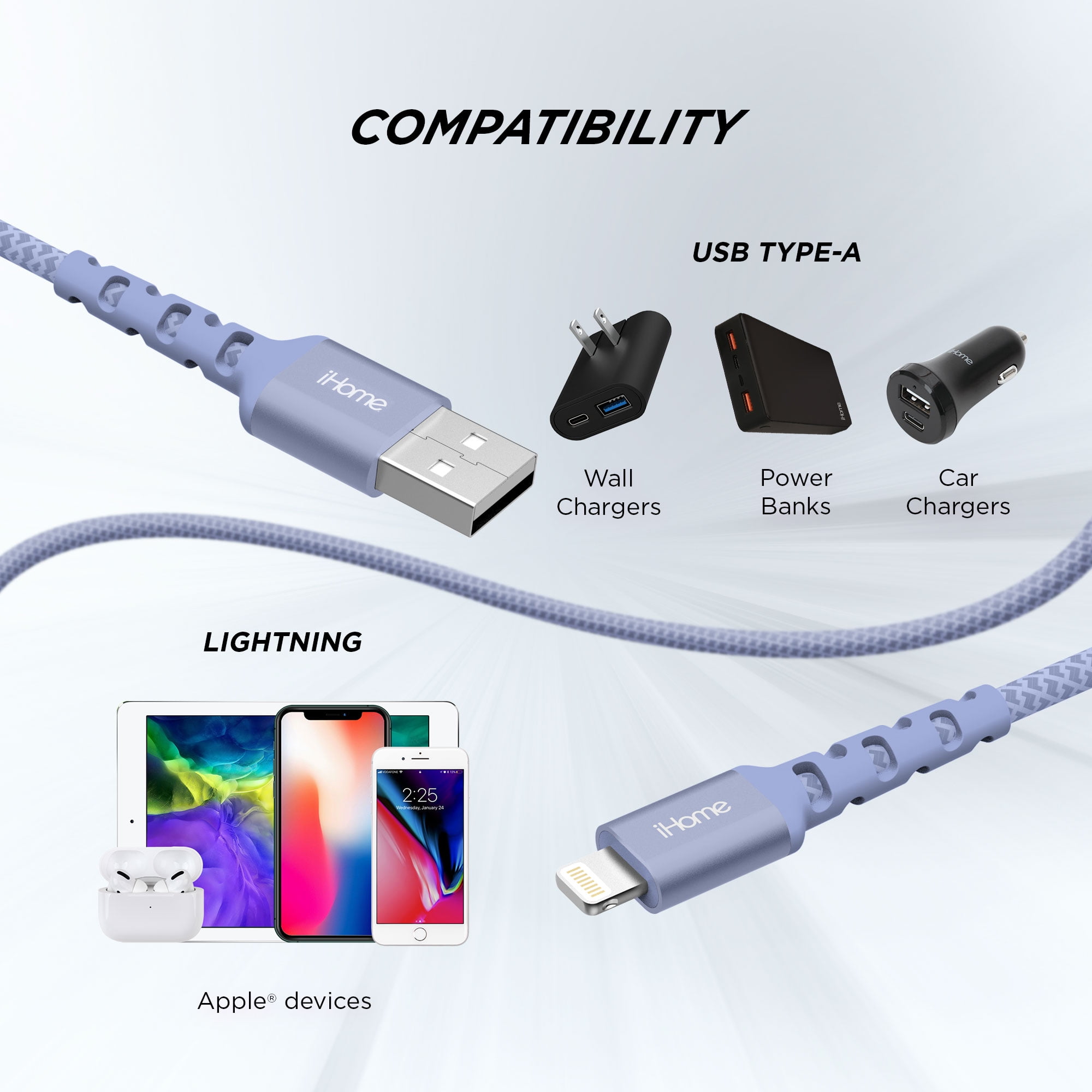 iHome Fabric Braided Lightning to USB Cable, Lavender, 6'