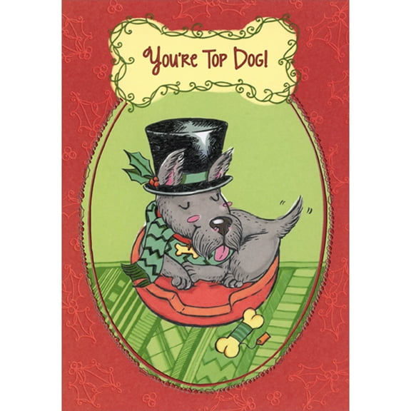 Designer Greetings Dog Wearing Top Hat in Doggie Bed Christmas Card for Dog