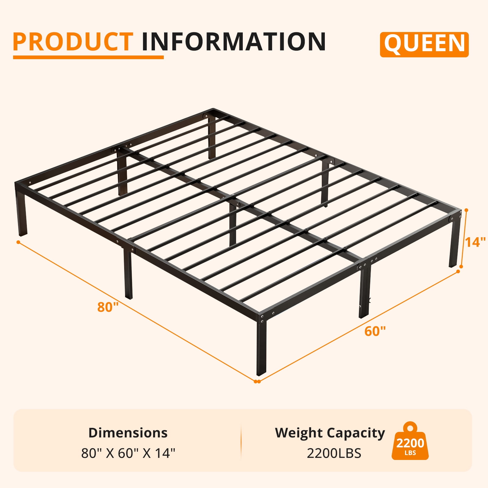 Queen Size 14" Height Metal Platform Bed Frame with Steel Slat Support, No Box Spring Required, Under-Bed Storage, Easy Assembly, Black