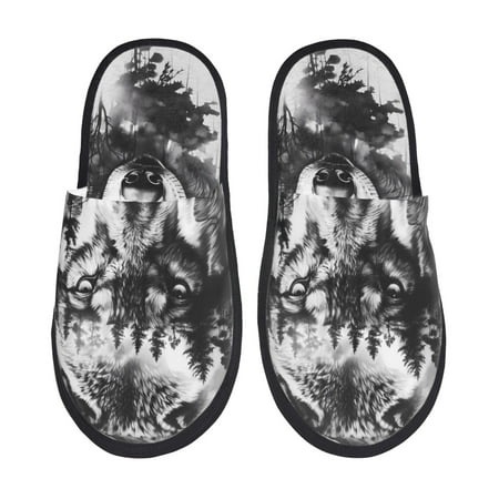 Balery Majestic Wolf Landscape Slient Indoor Furry Fleece Comfort House Shoes Soft Non-Slip Home Shoes Cotton slippers House Slippers-- Large