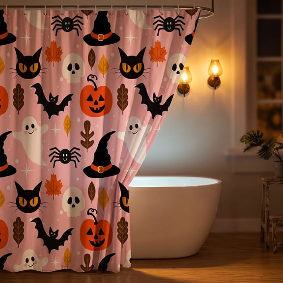Spooky Cartoon Halloween Shower Curtain – Waterproof Fabric Pumpkin Ghost Print Funny Shower Curtain– Rustic Seasonal Bathroom Decor for Halloween Home Indoor Holiday Use 150x180cm