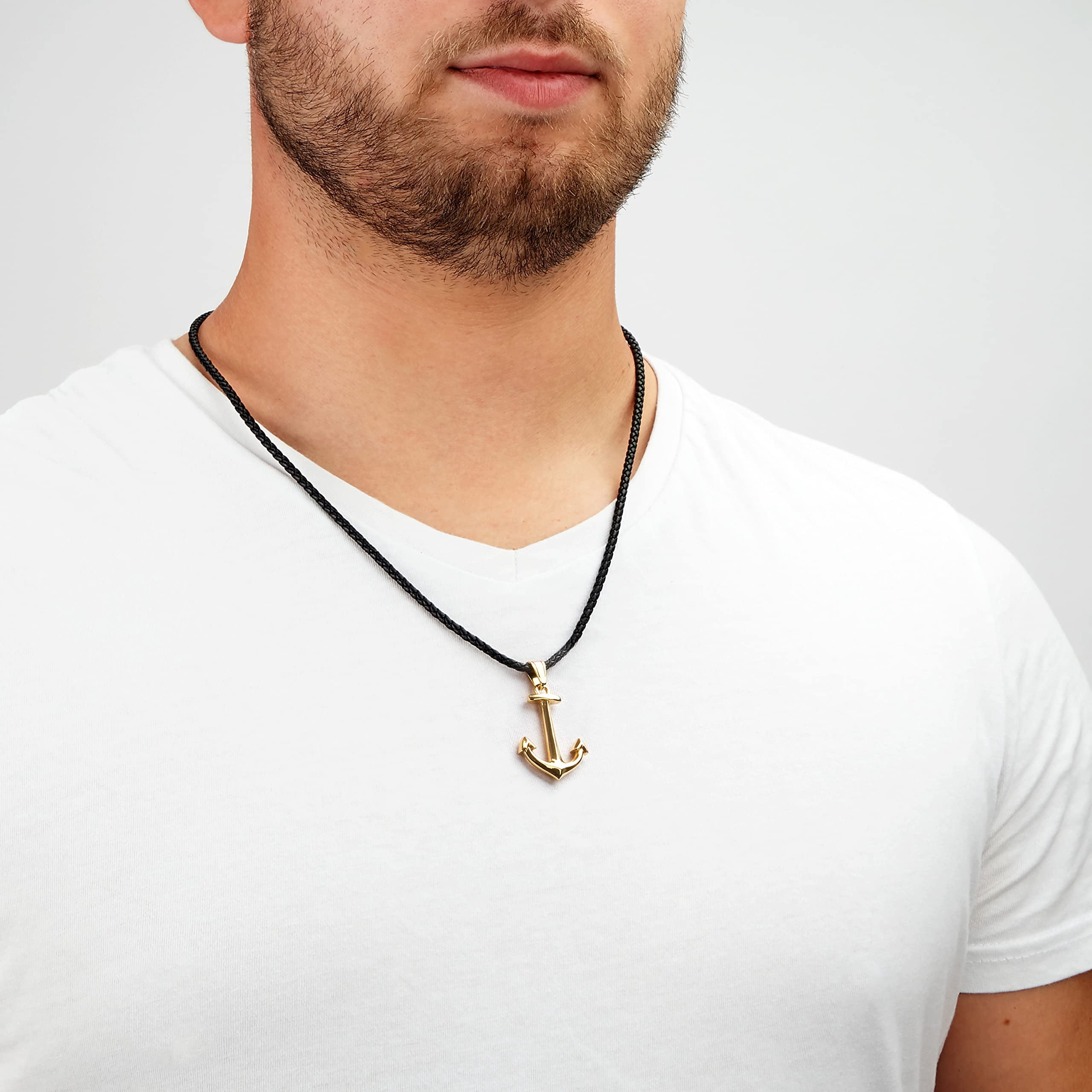 SERASAR Leather Necklace for Men "Anchor" with Stainless steel Pendant and Magnetic Closure, Gold 50cm, incliding Gift box