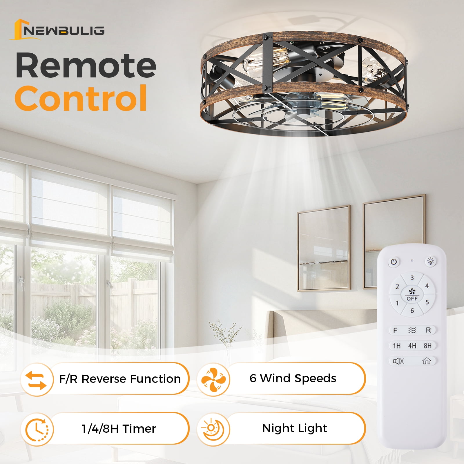 19in Caged Ceiling Fan with Remote, Industrial Farmhouse Ceiling Fans with Lights,Flush Mount with 6 Wind Speeds for Bedroom Kitchen, Gold
