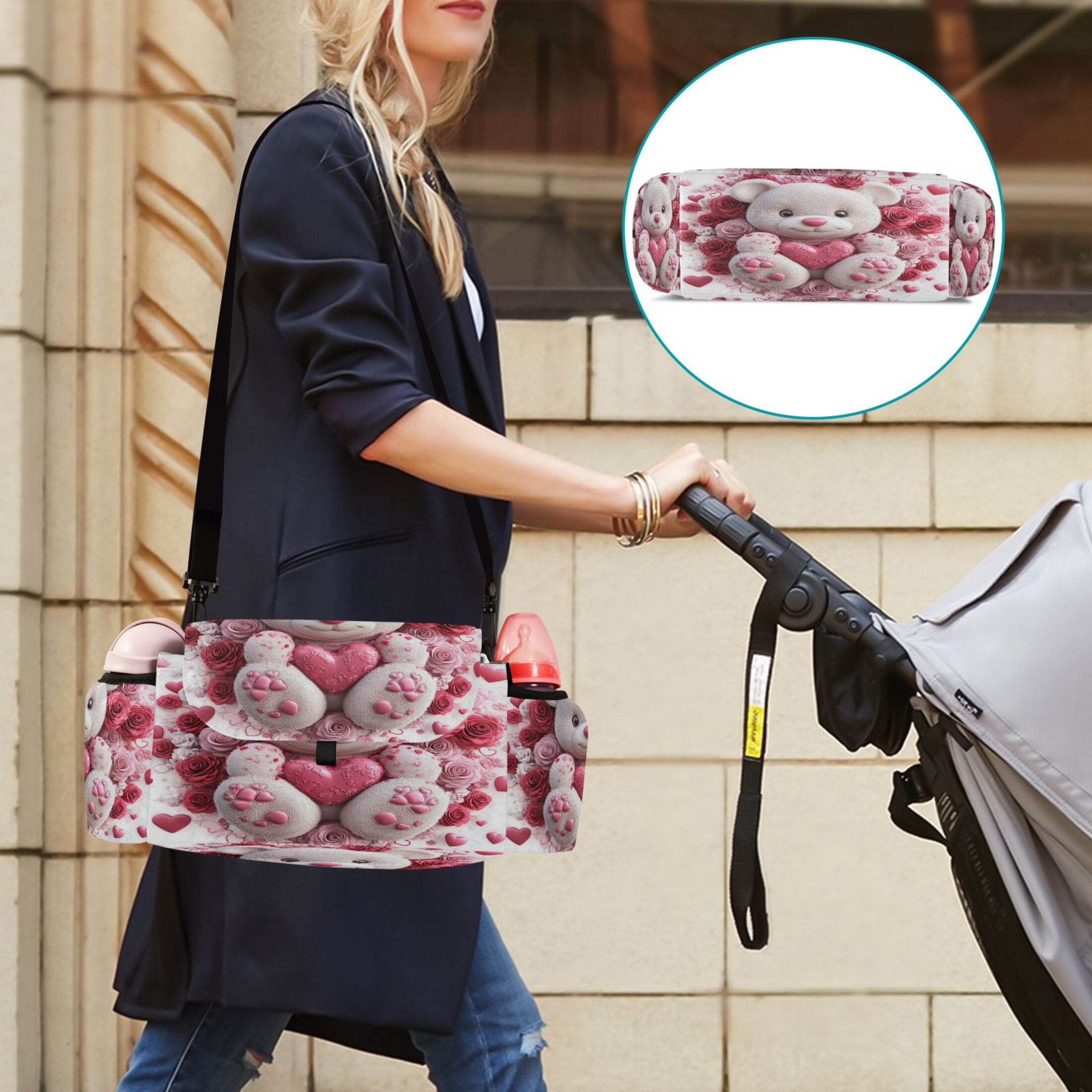 DIXRUYEE Stroller Organizer Cuddly Bear in Floral Embrace Printed