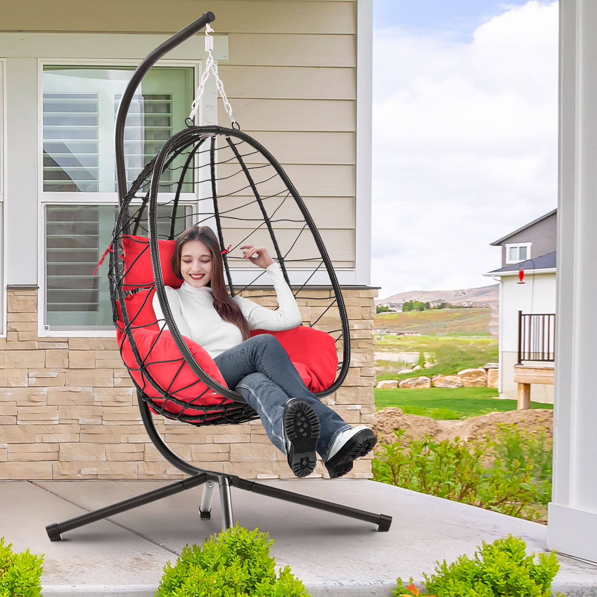 Swing Egg Chair, Outdoor Hanging Egg Chair with Stand, Wicker Swing Chair w/ Seat and Back Cushion, All-Weather UV Rattan Lounge Chair for Livingroom, Patio, Deck, Yard, Garden, 350lbs, Red, SS1954 - image 2 of 9