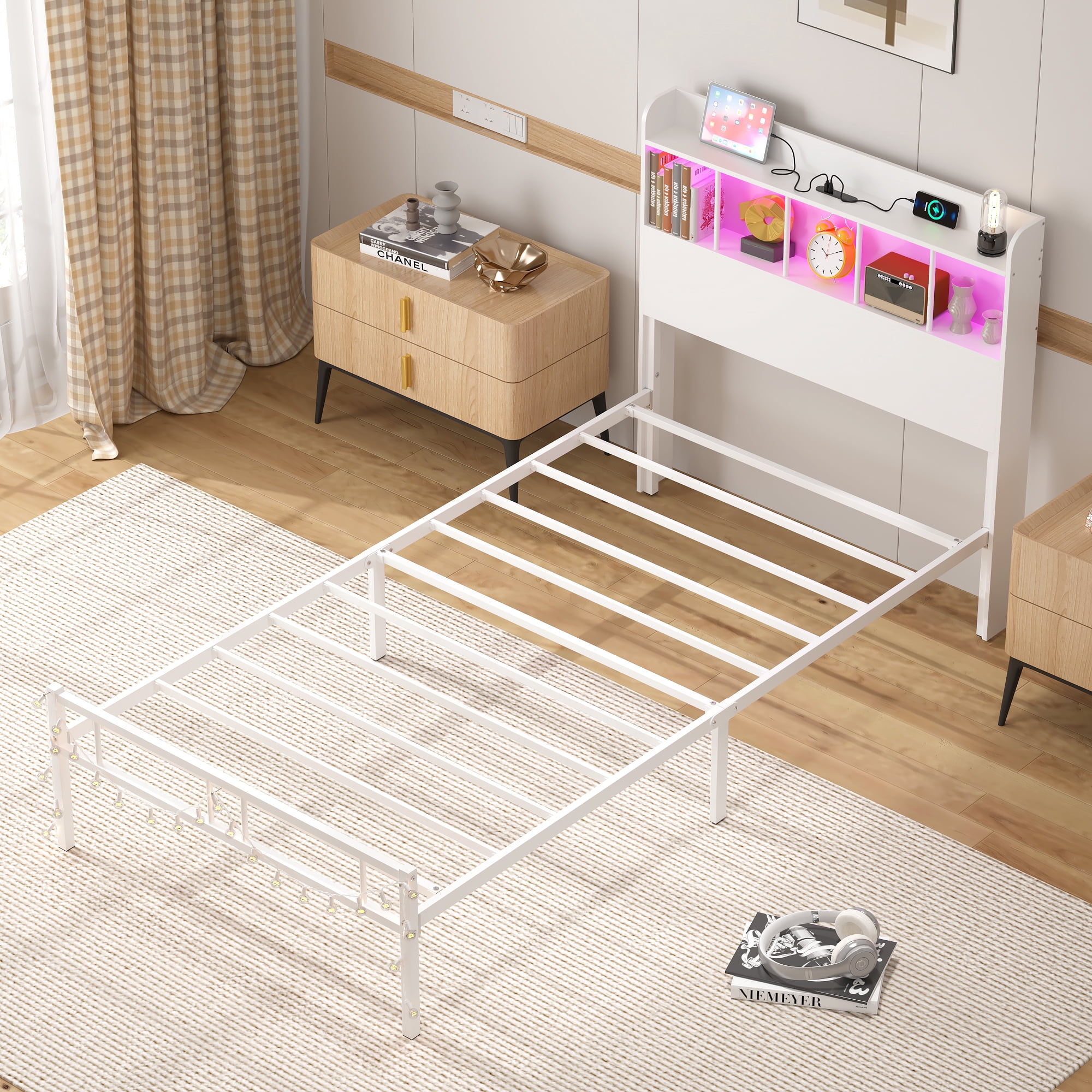 Yoneston Twin Platform Bed Frame with LED Storage Headboard & Charging Station, 2 -Tier Shelves and Under Bed Storage for Kids Teens, White