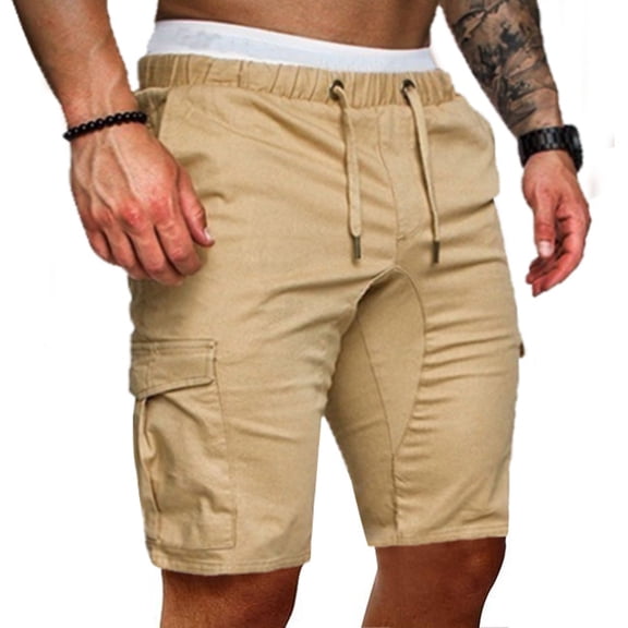 LoyisViDion Mens Pants Clearance Fashion Man Solid Elastic Waist Mid Waist Loose Pockets Bandage Short Pants Khaki 6(M)