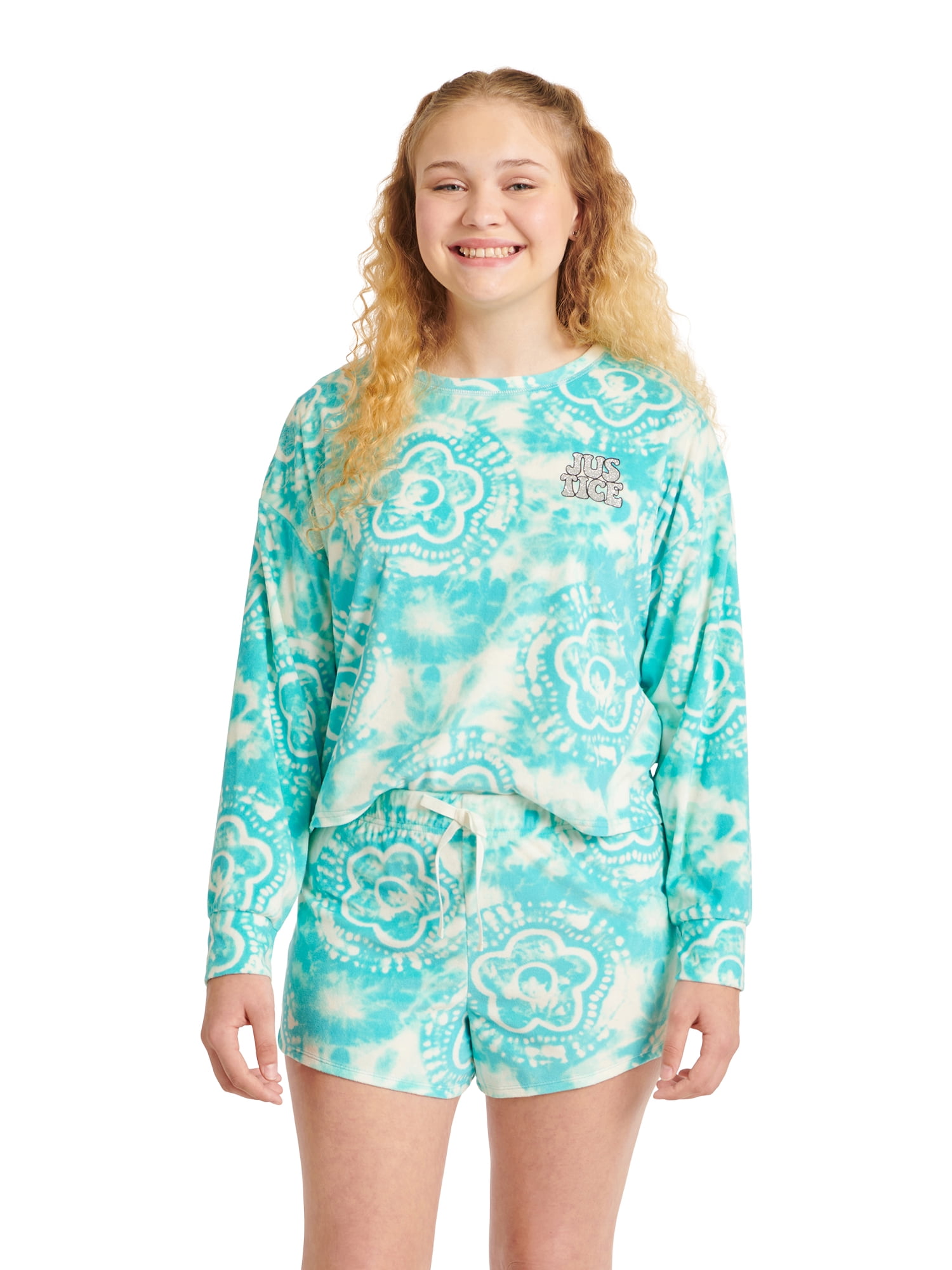 Justice Girls Printed Long Sleeve Top and Sleep Short, 2-piece Pajama Set, Sizes 5-18 and Plus