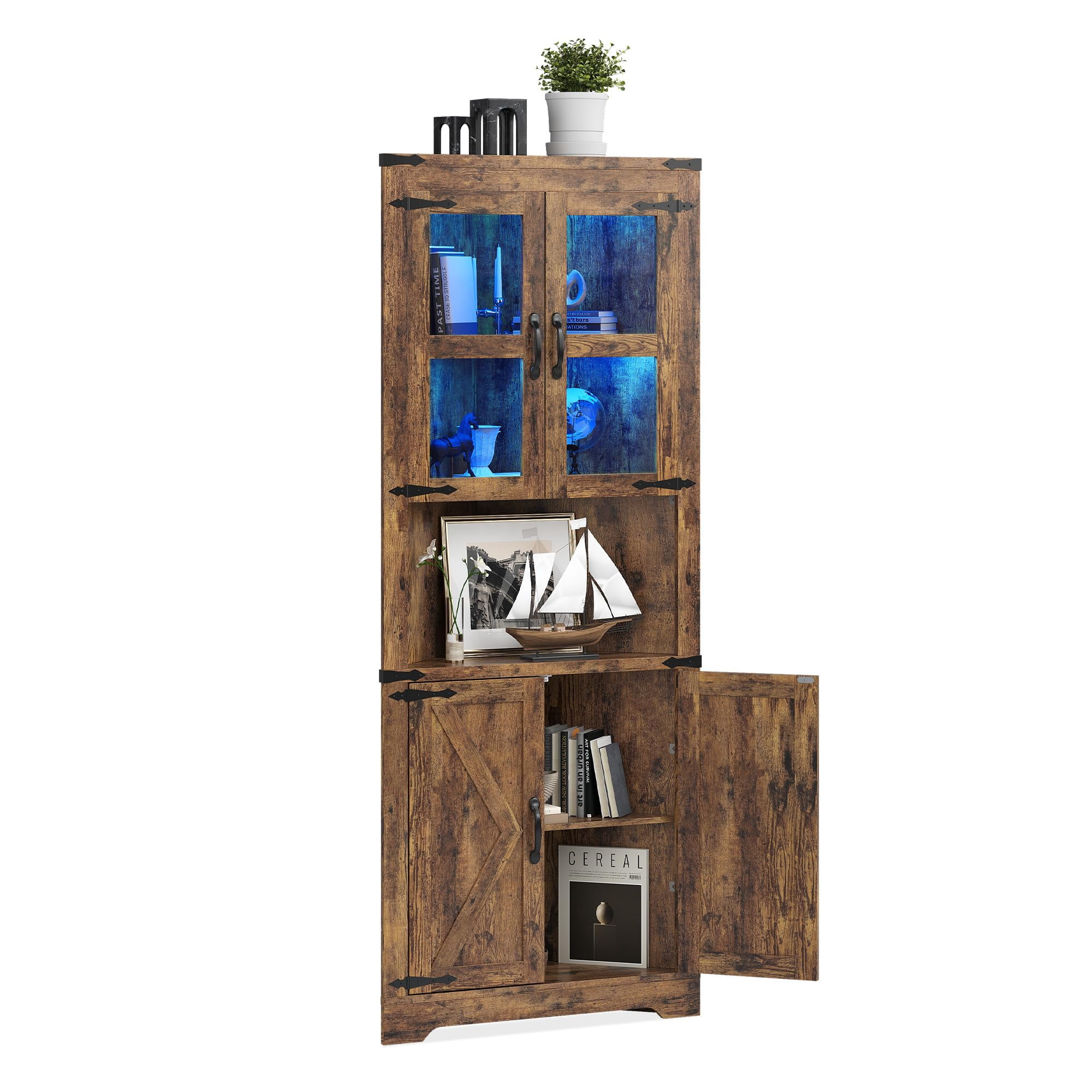 Corner Storage Cabinet with Glass Doors, Double-Door Corner Cabinet, Corner Cabinet with Shelves, Corner Cabinet with Light Strips-Retro color