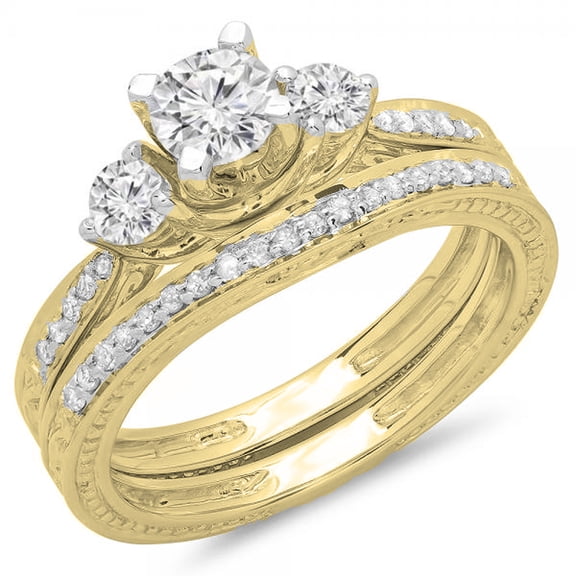 Dazzlingrock Collection 1.00 Carat (ctw) 14K Diamond Vintage 3 Stone Bridal Engagement Ring Band Set 1 CT, Yellow Gold, Size 6.5