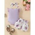 thumbnail image 5 of vera natura Baby Girls 3Pcs Summer Outfit Lace Sleeve Ribbed Romper + Bow Shorts + Headband Set Clothes, 5 of 8