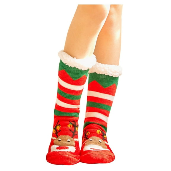 KDSJSXW Christmas Socks Women's Winter Super Soft Warm Fuzzy Fleece-Lined Grippers Slipper Socks(Red,One Size)