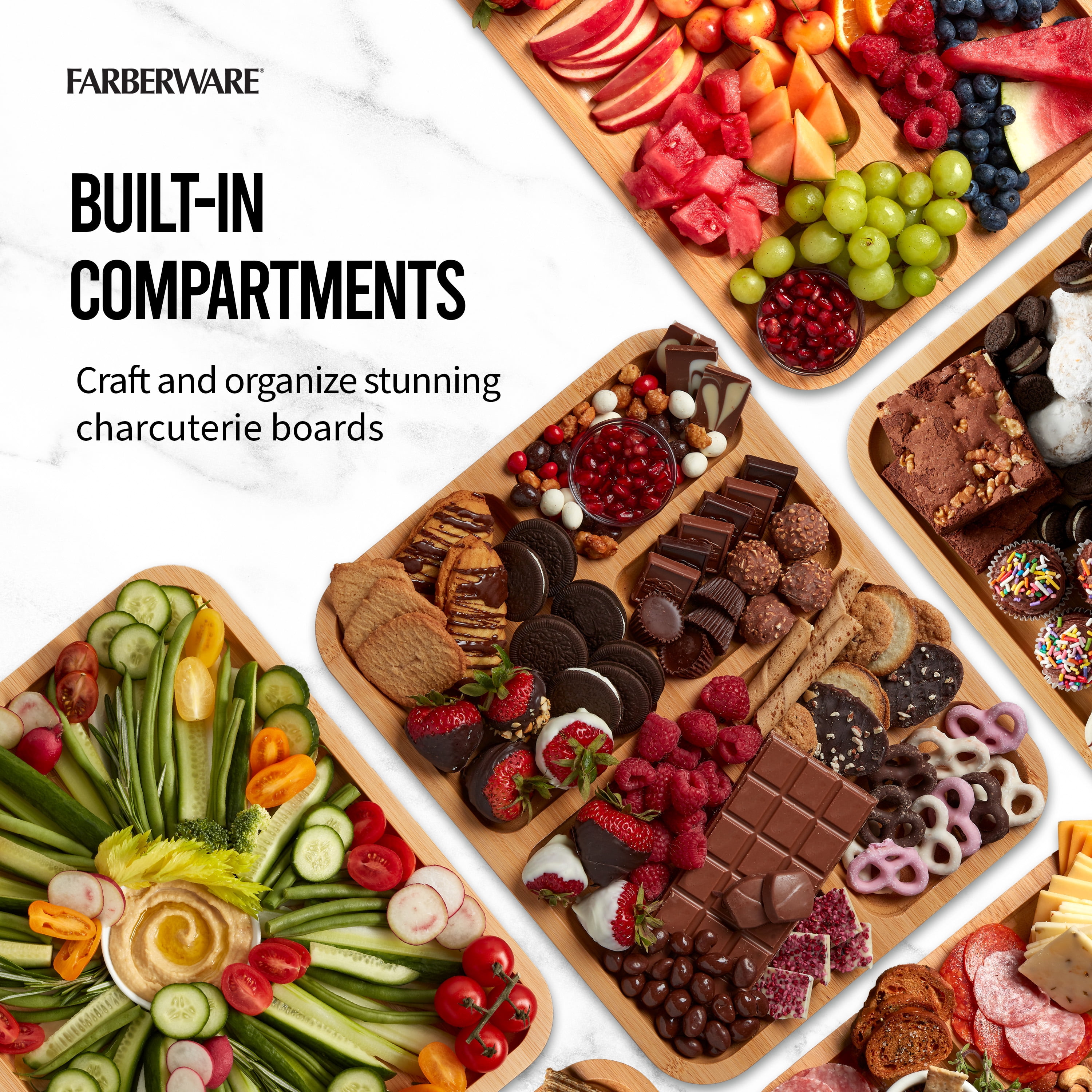 Farberware Build-a-Board 11x14-Inch 2-Piece Bamboo Charcuterie and Snack Board Set with Clear Locking Lids