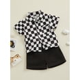 thumbnail image 3 of vera natura Toddler Boy Gentleman Outfit Checkerboard Print Button Short Sleeves Shirt and Shorts Set, 3 of 9
