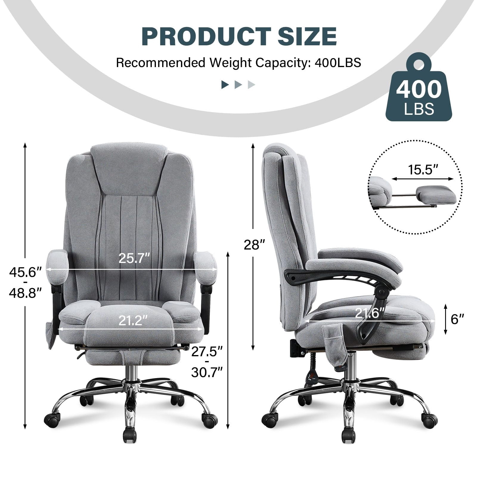 JONPONY Big and Tall Office Chair 500LBS Executive Office Chair Massage and Footrest Ergonomic Computer Desk Chair Reclining High Back Leather Office Chair Lumbar Back Support Swivel Rolling,Grey