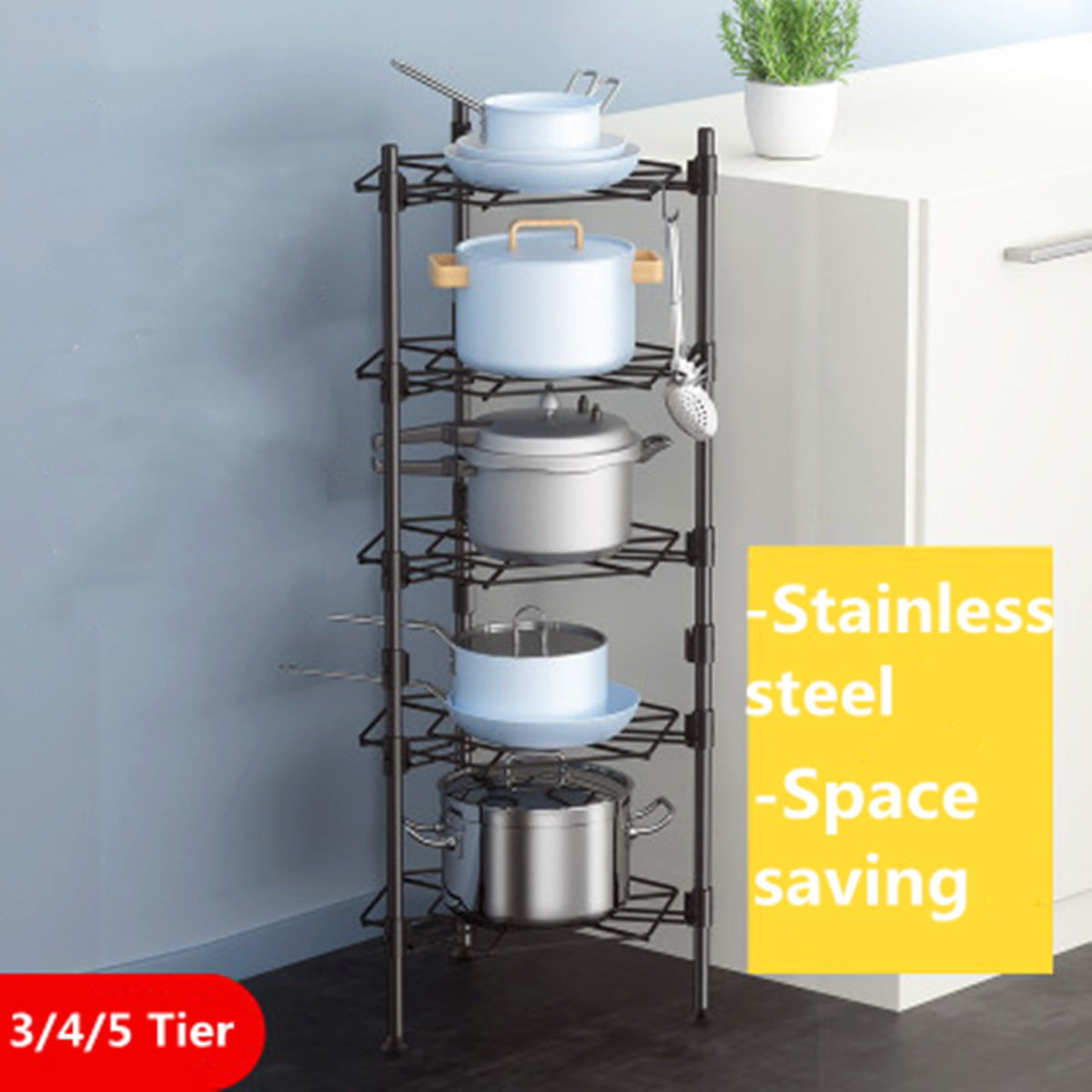 Storage rack 3 4 Tier Large Stainless Steel Utensil Pot Pan Free Standing Rack Kitchen Organizer Corner Size : 3 tier 