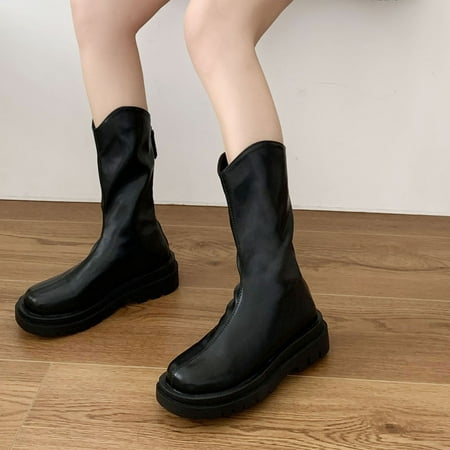 Ladies Boots Thick-soled Mid-tube Boots Round Toe British Style All-match  Solid Color Women's Boots Shoes