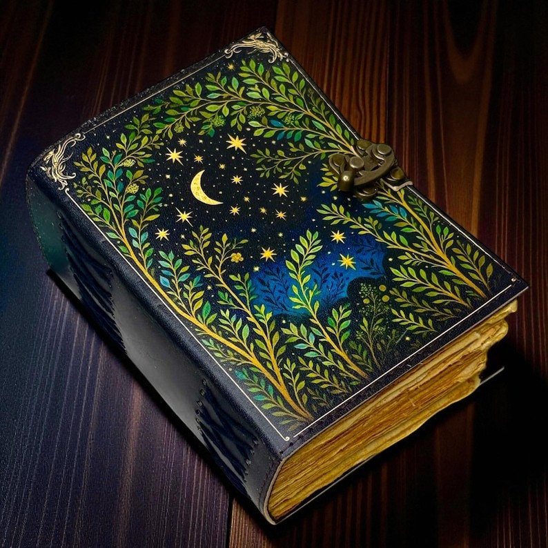 Moon Tree Leather Book of Shadows – Handmade 5x7 Inch Journal, 200 Handmade Deckle Pages, Wiccan Pagan Grimoire, Witchcraft Spellbook