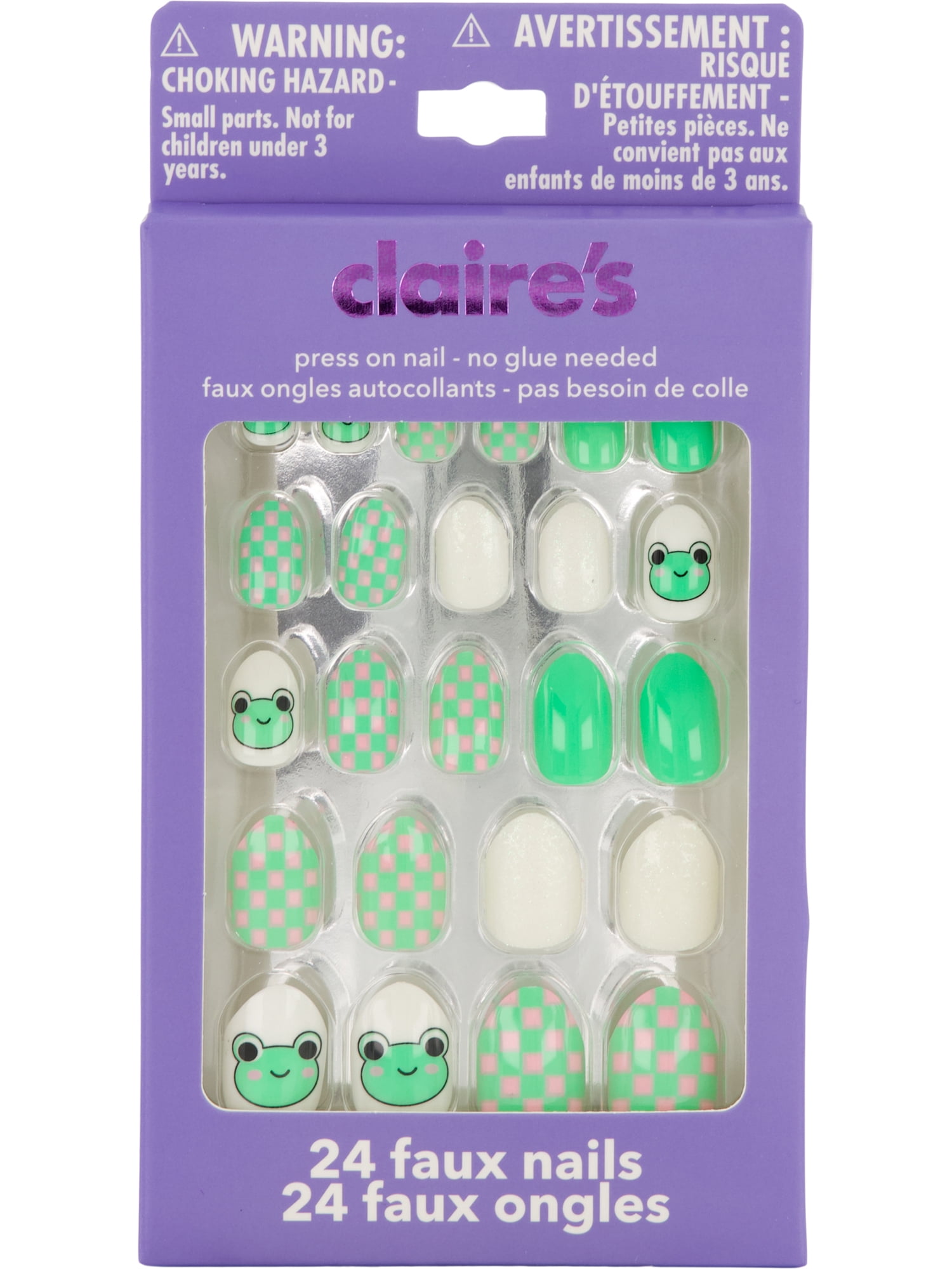 Claire's Tween Girls Green Frog Checkered Almond Shaped Press-on Nails, 24 Nails