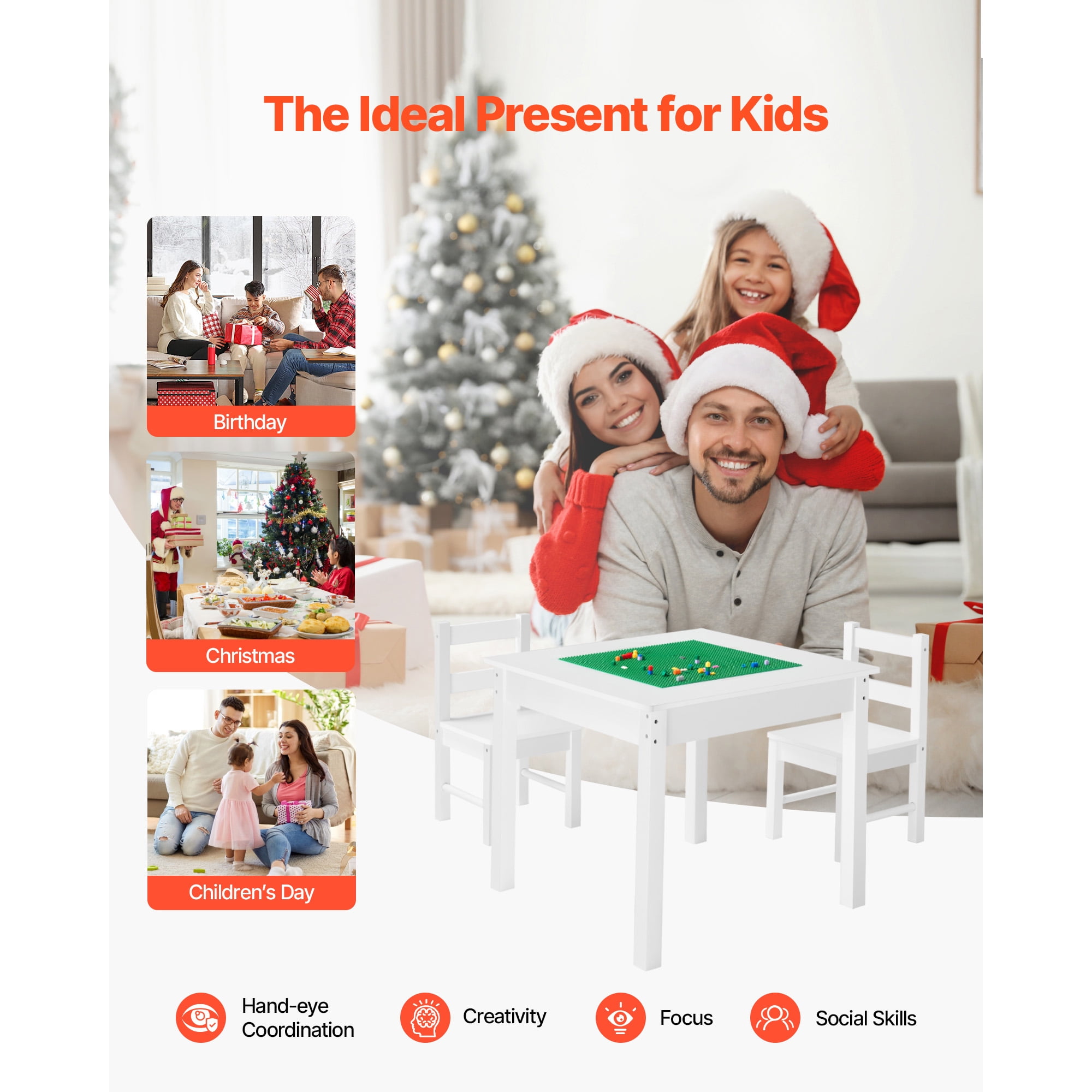 KFFKFF Kids Activity Table and 2 Chairs Set, Double-Sided Building Block Tabletop, Toddler Table and Chair Set with Storage Compartments for Ages 3+, Spacious Design, Gift for Boys and Girls, White