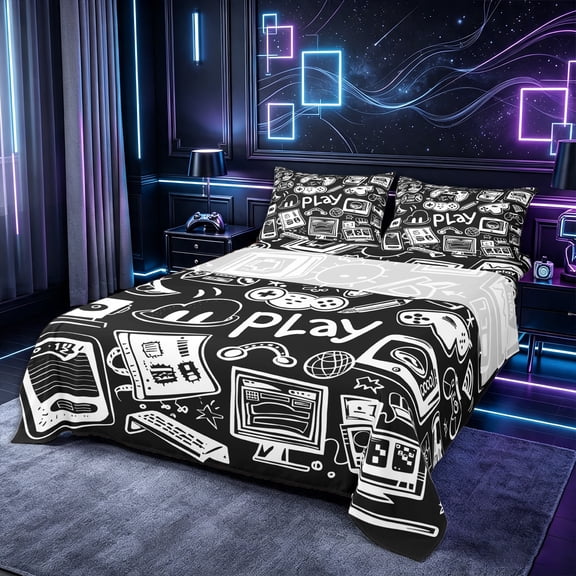 Erosebridal Boys Gamer Bed Sheets Set Twin,Gaming Sheet Set for Kids,Gamepad Video Games Controller Sheets Black White Sketch Flat Fitted Sheet