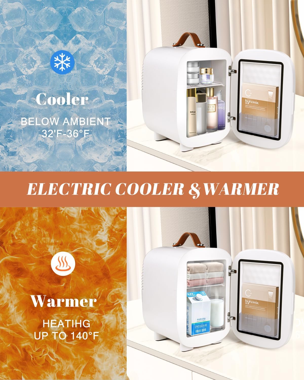Fridge for Bedroom, 4 Liter Skincare Cooler with LED Mirror, Portable  Refrigerator for Drinks Makeup Dorm Office Car