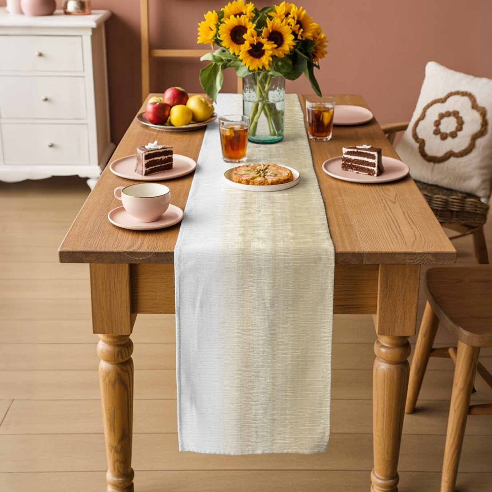 Beige White Stripes Table Runner, Farmhouse Modern Gradient Lines Washable Cotton Linen Table Runners 48 Inches Long, Dresser Scarf Runner for Nightstand/Coffee/End Tables 13''x48''